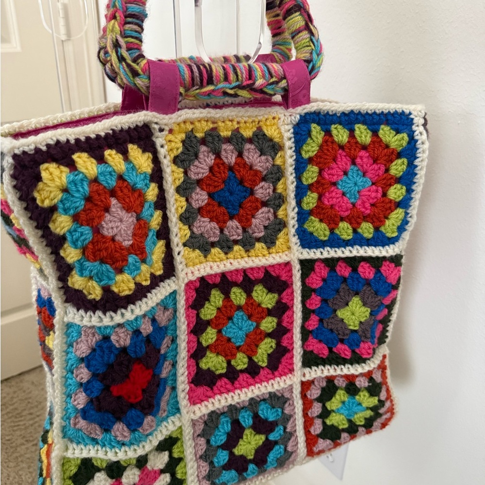 Colorful Crochet Patchwork Tote Bag